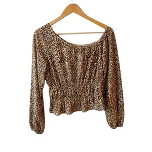 Le Lis Leopard Print Off the Shoulder Long Sleeve Top with Ruffle Size S